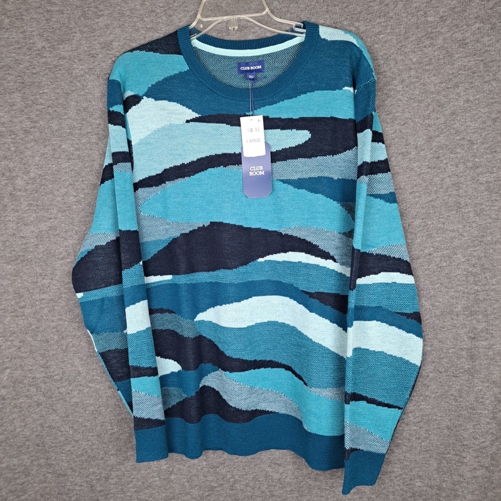 Club Room Mens Merino Novelty Sweater Navy Blue Teal Abstract‎ Camo Large NWT